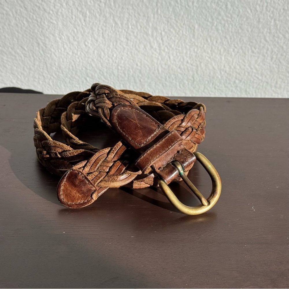 VTG Genuine Leather Braided Belt Brown Woven Brass Buckle Western Unisex 43”